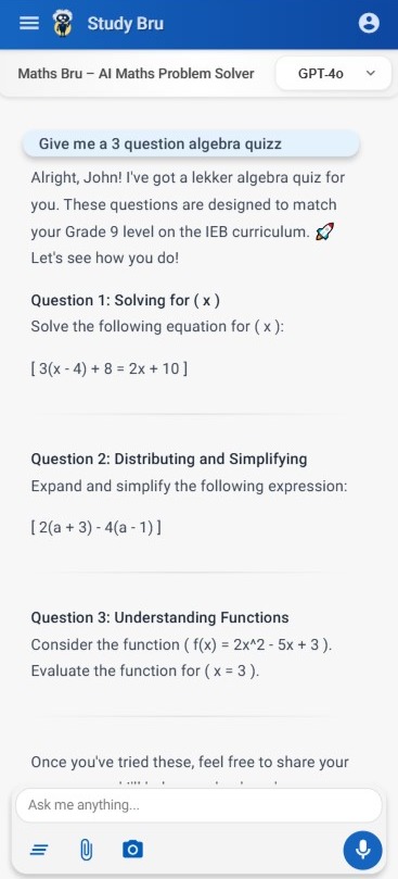 StudyBru mobile interface showing AI-powered tutoring