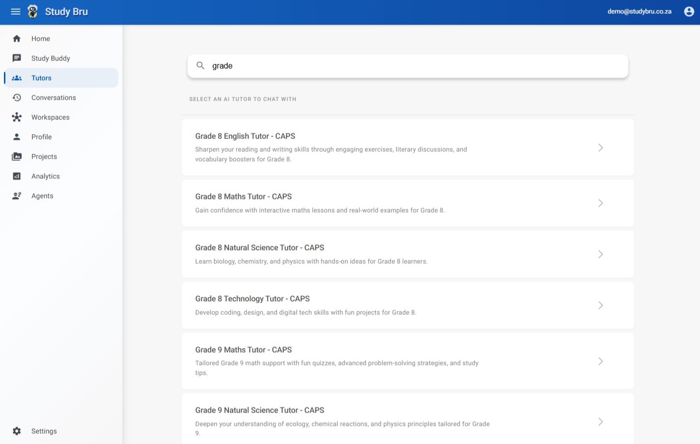 StudyBru grade-specific tutors interface