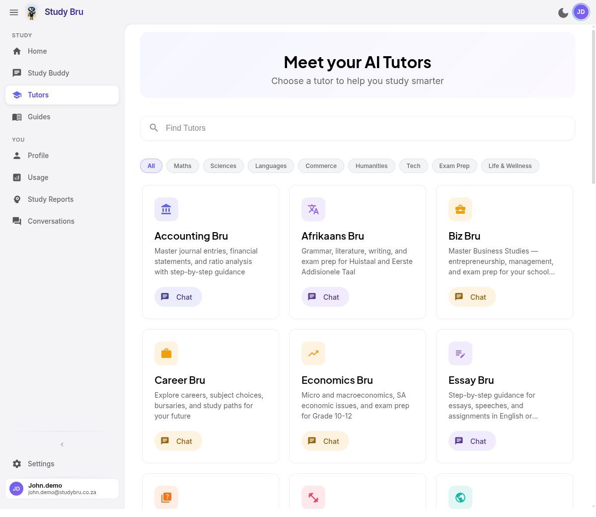 StudyBru grade-specific tutors interface