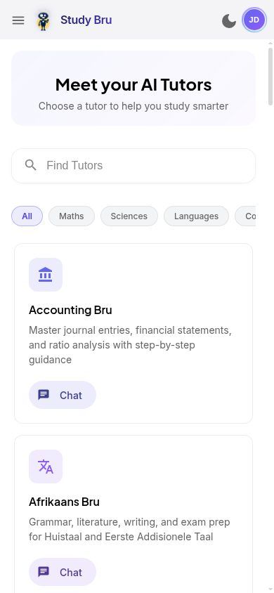 StudyBru subject specialist tutors mobile interface